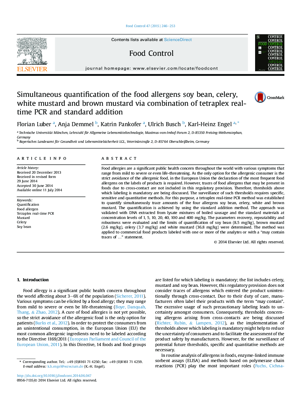 Simultaneous quantification of the food allergens soy bean, celery, white mustard and brown mustard via combination of tetraplex real-time PCR and standard addition