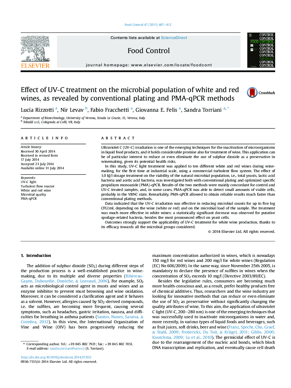 Effect of UV-C treatment on the microbial population of white and red wines, as revealed by conventional plating and PMA-qPCR methods