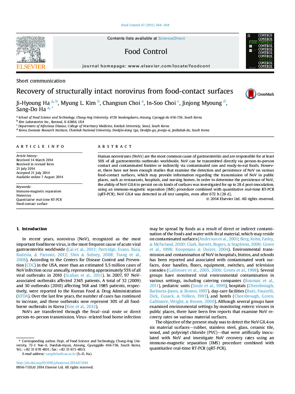 Short communicationRecovery of structurally intact norovirus from food-contact surfaces