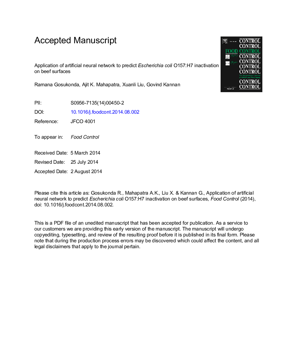 Application of artificial neural network to predict Escherichia coli O157:H7 inactivation on beef surfaces