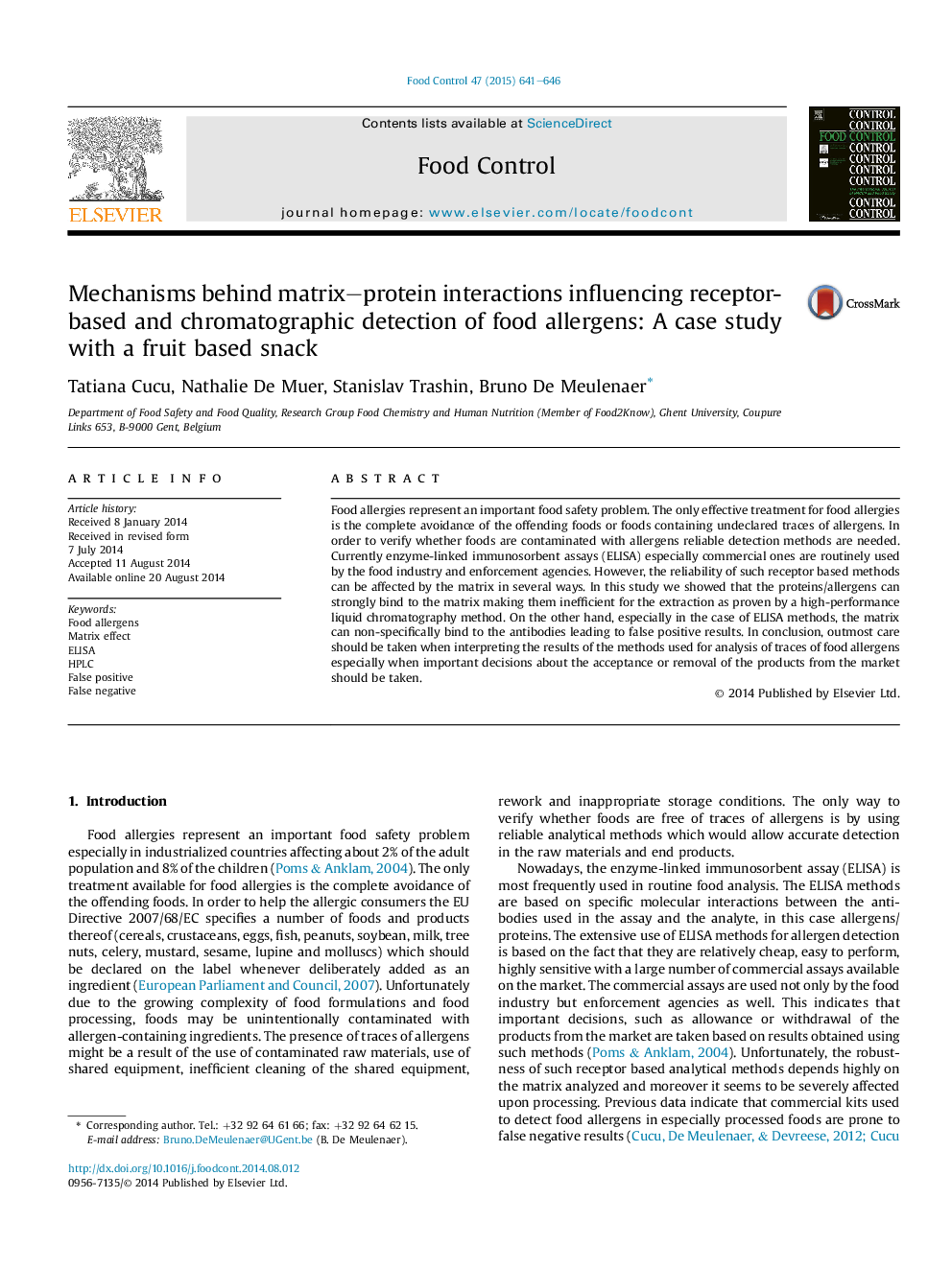 Mechanisms behind matrix-protein interactions influencing receptor-based and chromatographic detection of food allergens: A case study with a fruit based snack