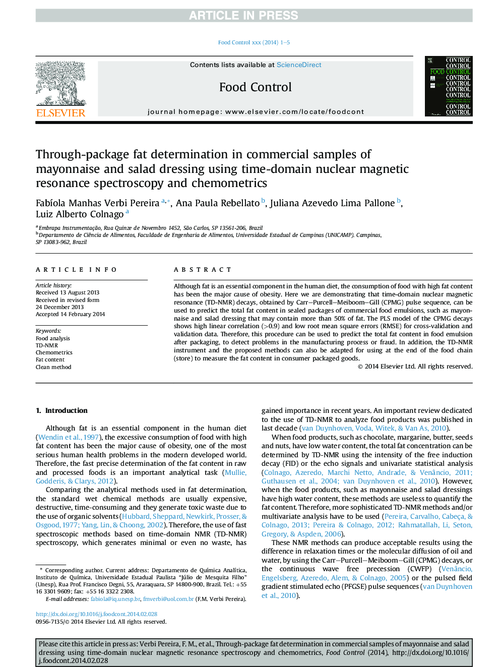 Through-package fat determination in commercial samples of mayonnaise and salad dressing using time-domain nuclear magnetic resonance spectroscopy and chemometrics