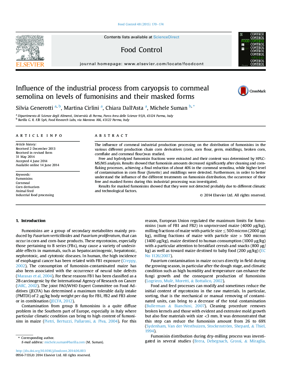 Influence of the industrial process from caryopsis to cornmeal semolina on levels of fumonisins and their masked forms