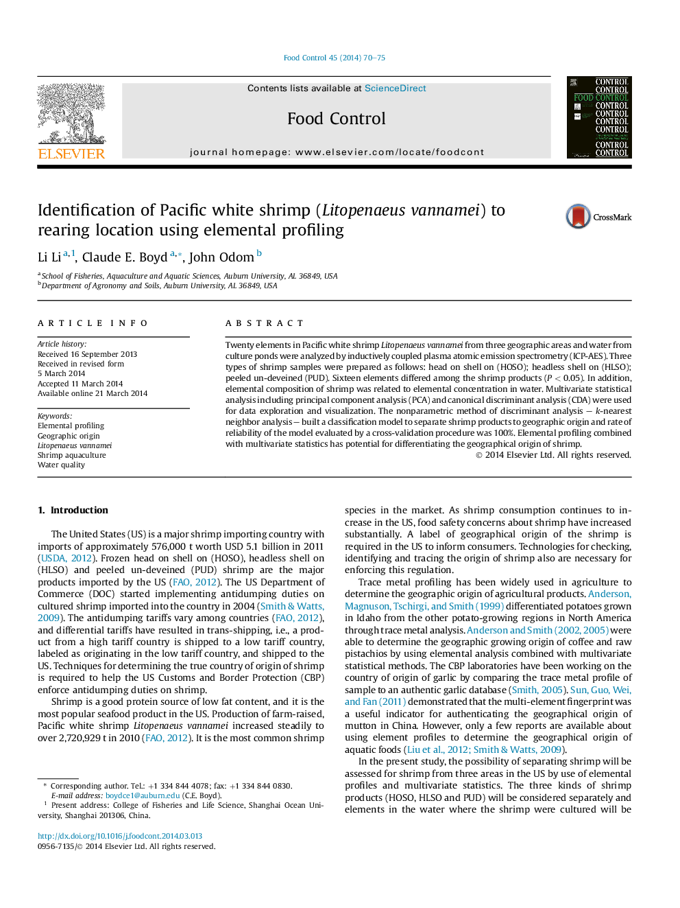 Identification of Pacific white shrimp (Litopenaeus vannamei) to rearing location using elemental profiling