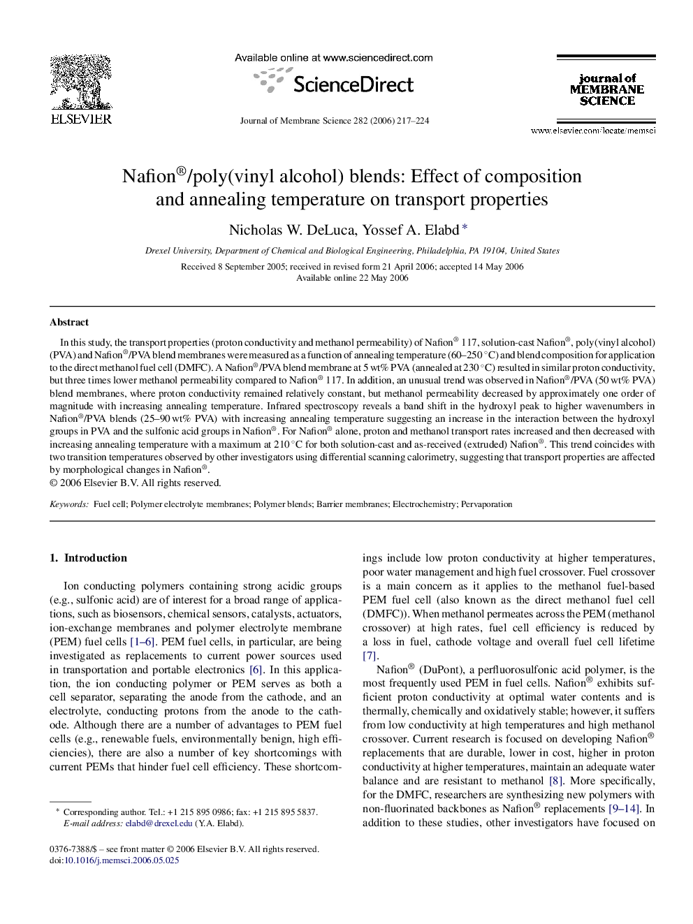 Nafion®/poly(vinyl alcohol) blends: Effect of composition and annealing temperature on transport properties