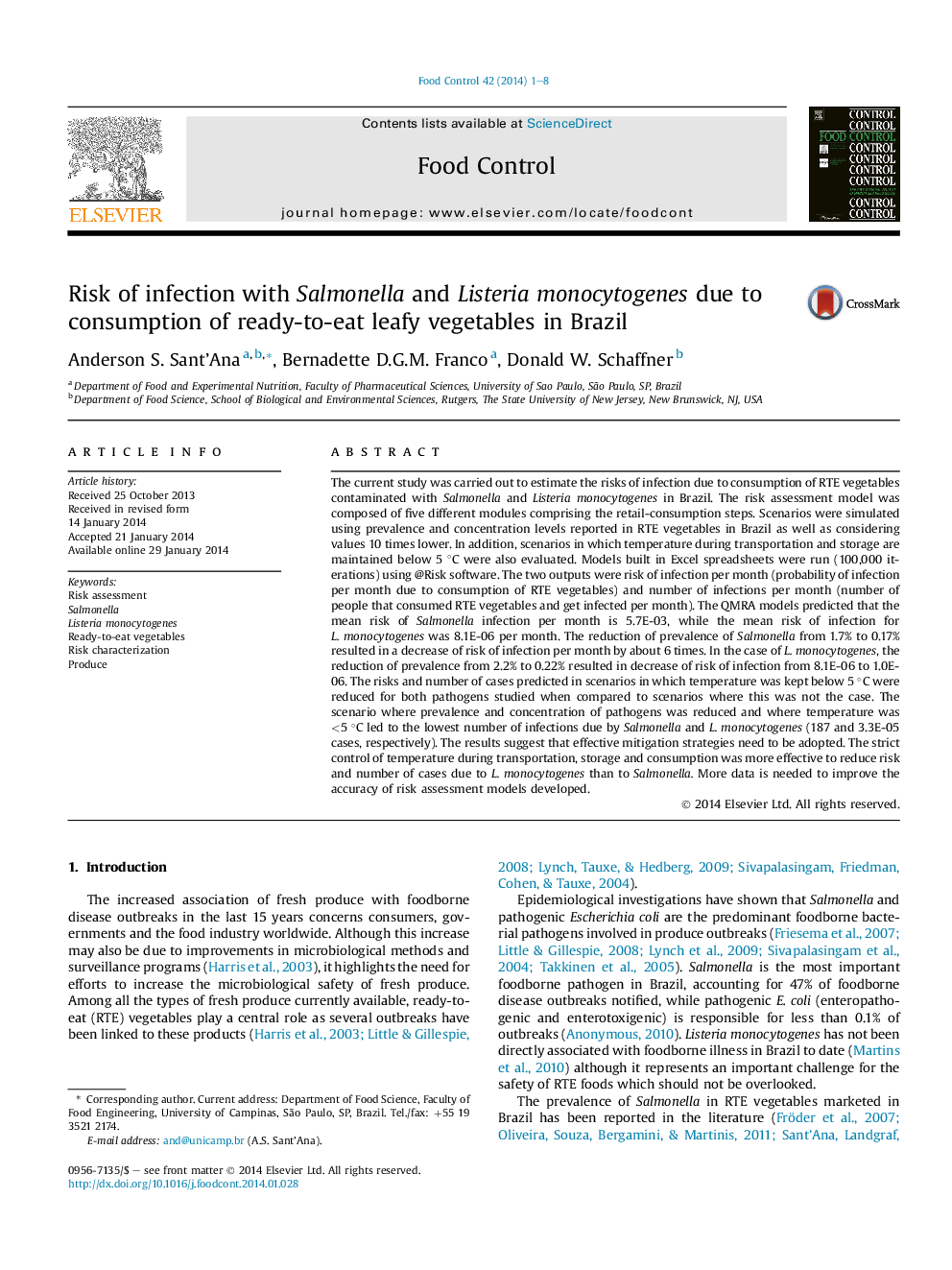 Risk of infection with Salmonella and Listeria monocytogenes due to consumption of ready-to-eat leafy vegetables in Brazil