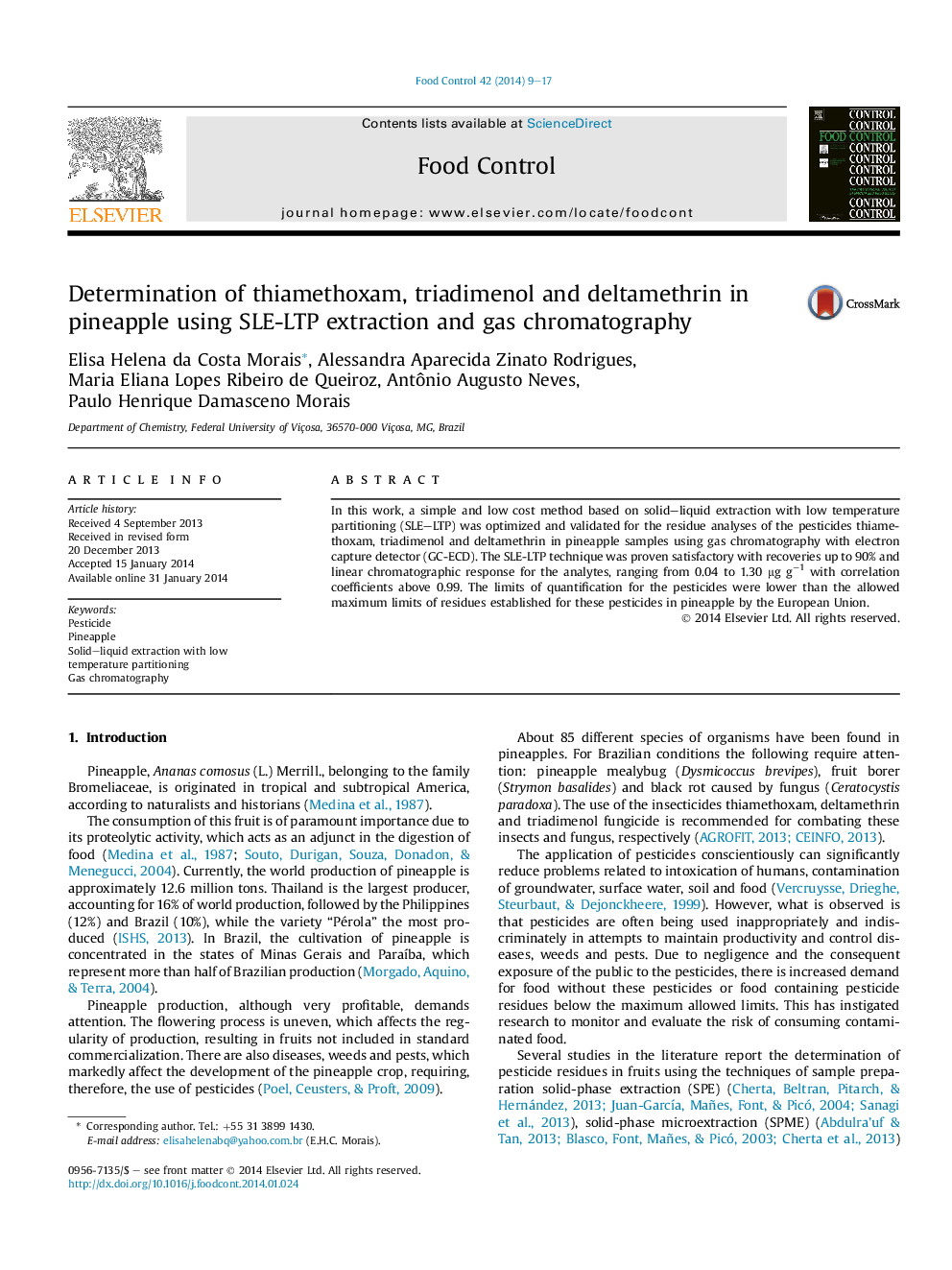 Determination of thiamethoxam, triadimenol and deltamethrin in pineapple using SLE-LTP extraction and gas chromatography