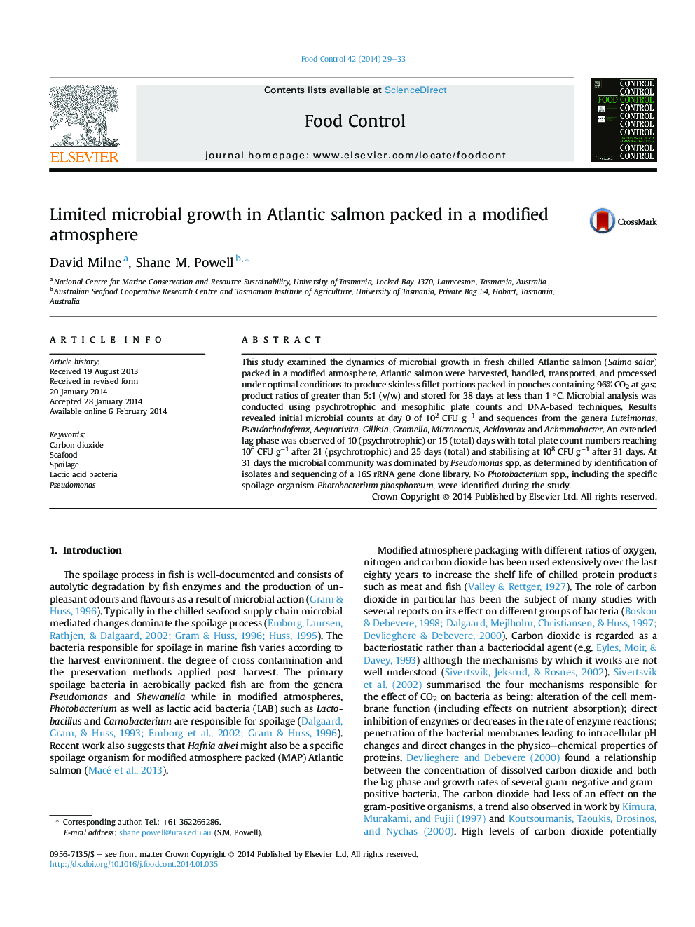 Limited microbial growth in Atlantic salmon packed in a modified atmosphere