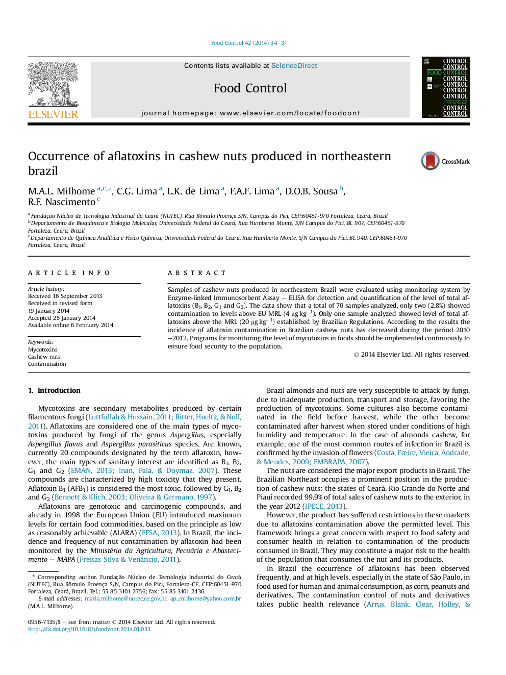 Occurrence of aflatoxins in cashew nuts produced in northeastern brazil