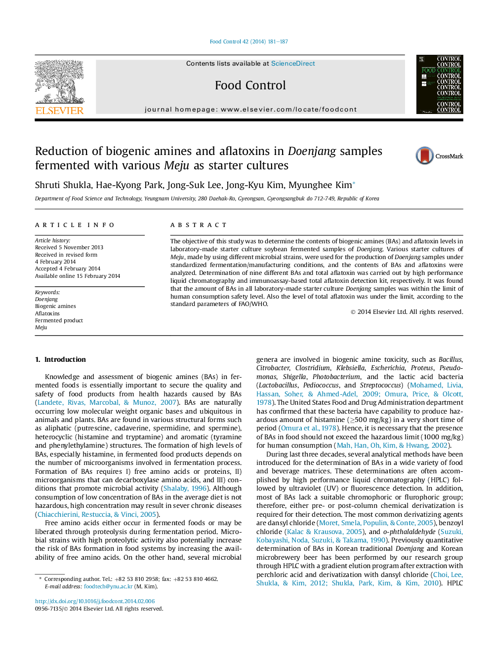 Reduction of biogenic amines and aflatoxins in Doenjang samples fermented with various Meju as starter cultures