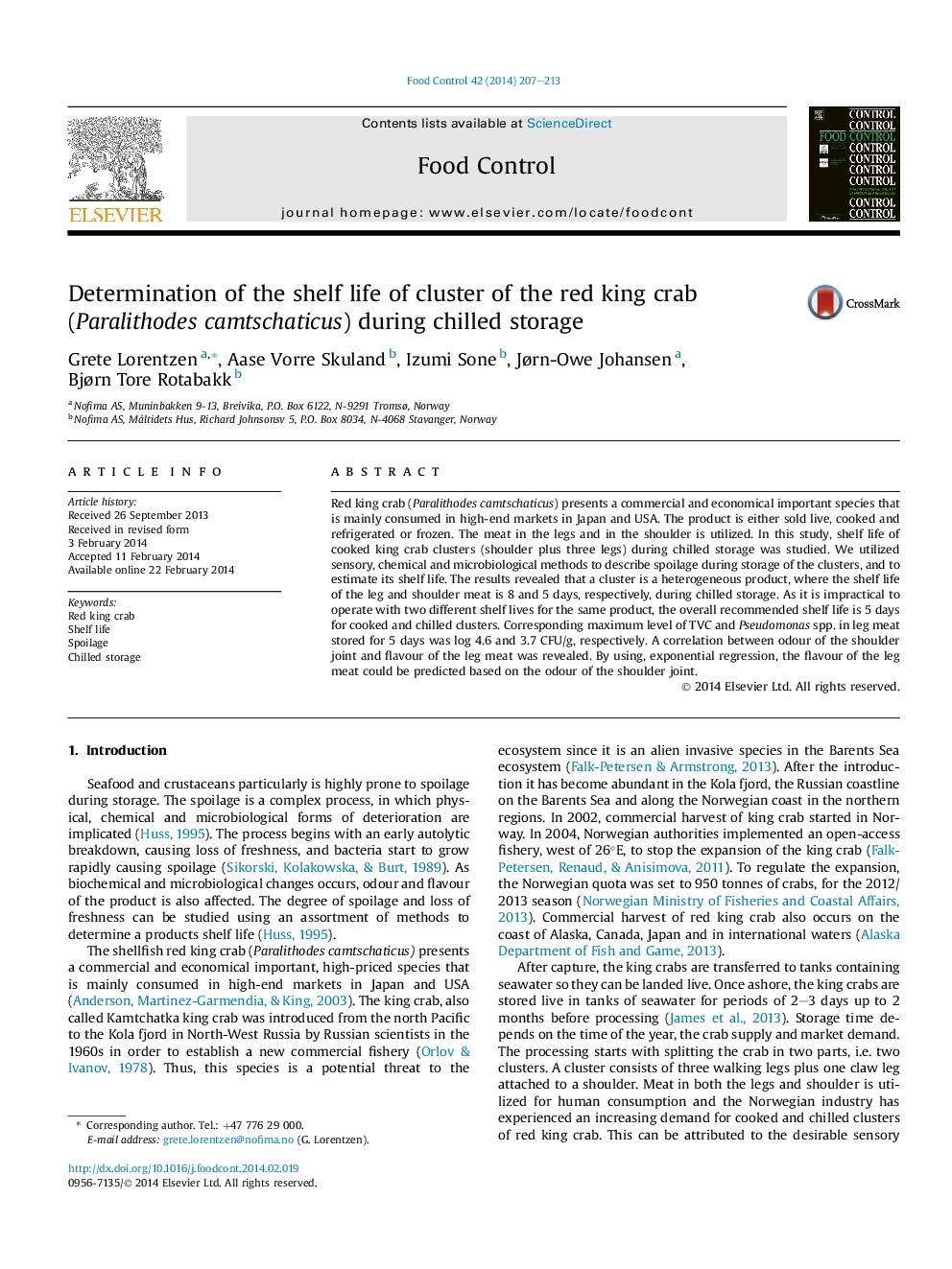 Determination of the shelf life of cluster of the red king crab (Paralithodes camtschaticus) during chilled storage