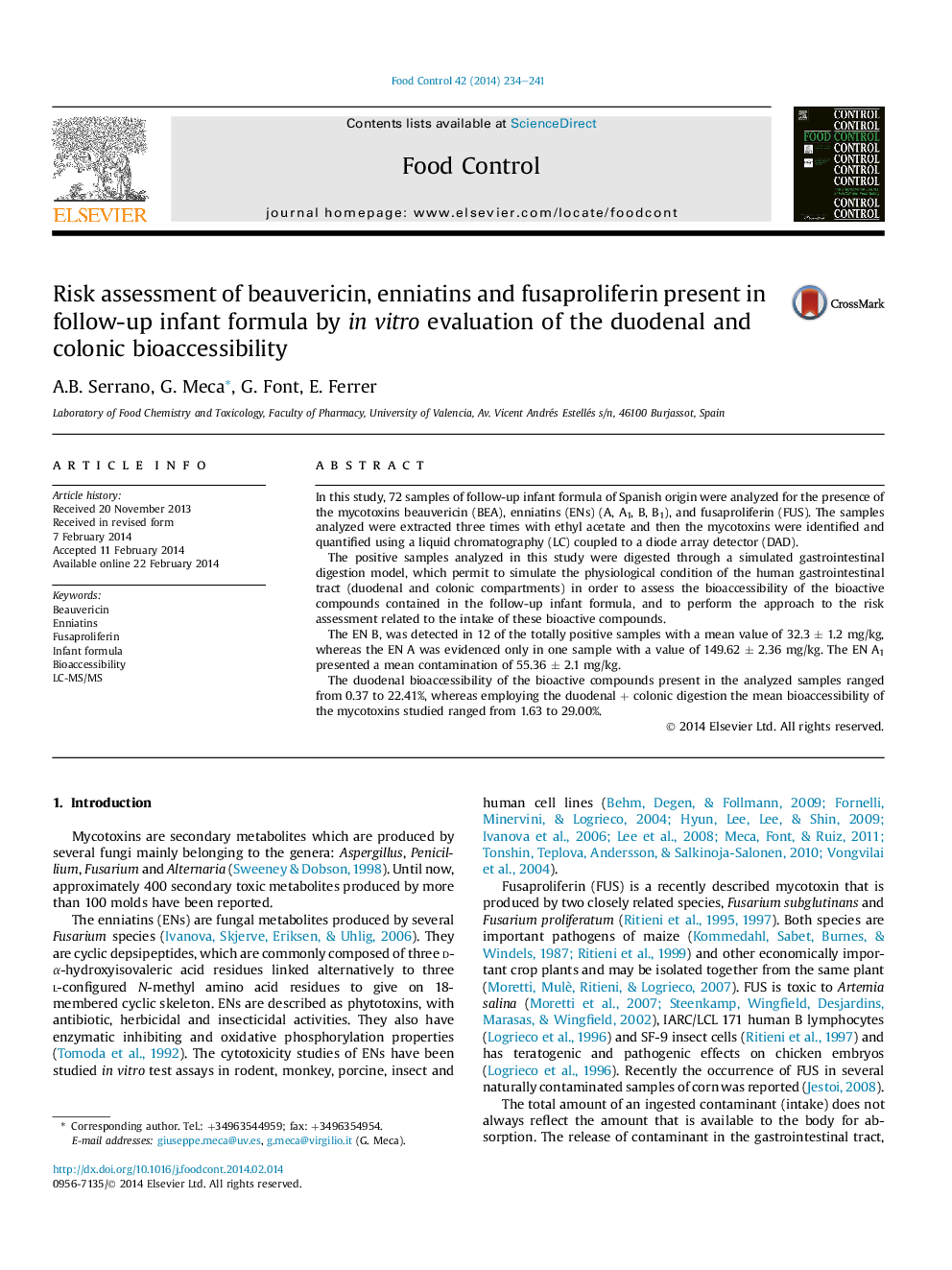 Risk assessment of beauvericin, enniatins and fusaproliferin present in follow-up infant formula by inÂ vitro evaluation of the duodenal and colonic bioaccessibility