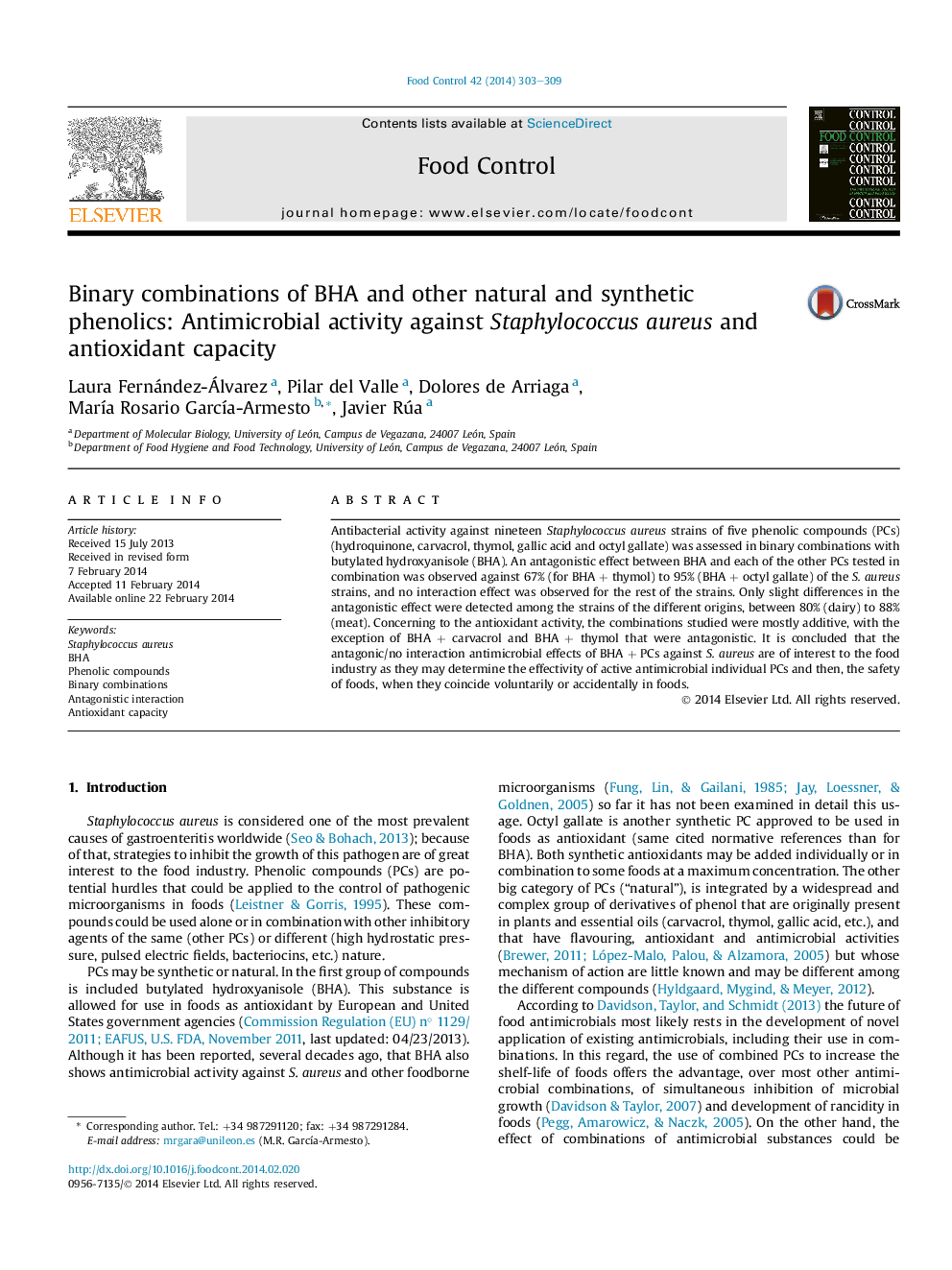 Binary combinations of BHA and other natural and synthetic phenolics: Antimicrobial activity against Staphylococcus aureus and antioxidant capacity