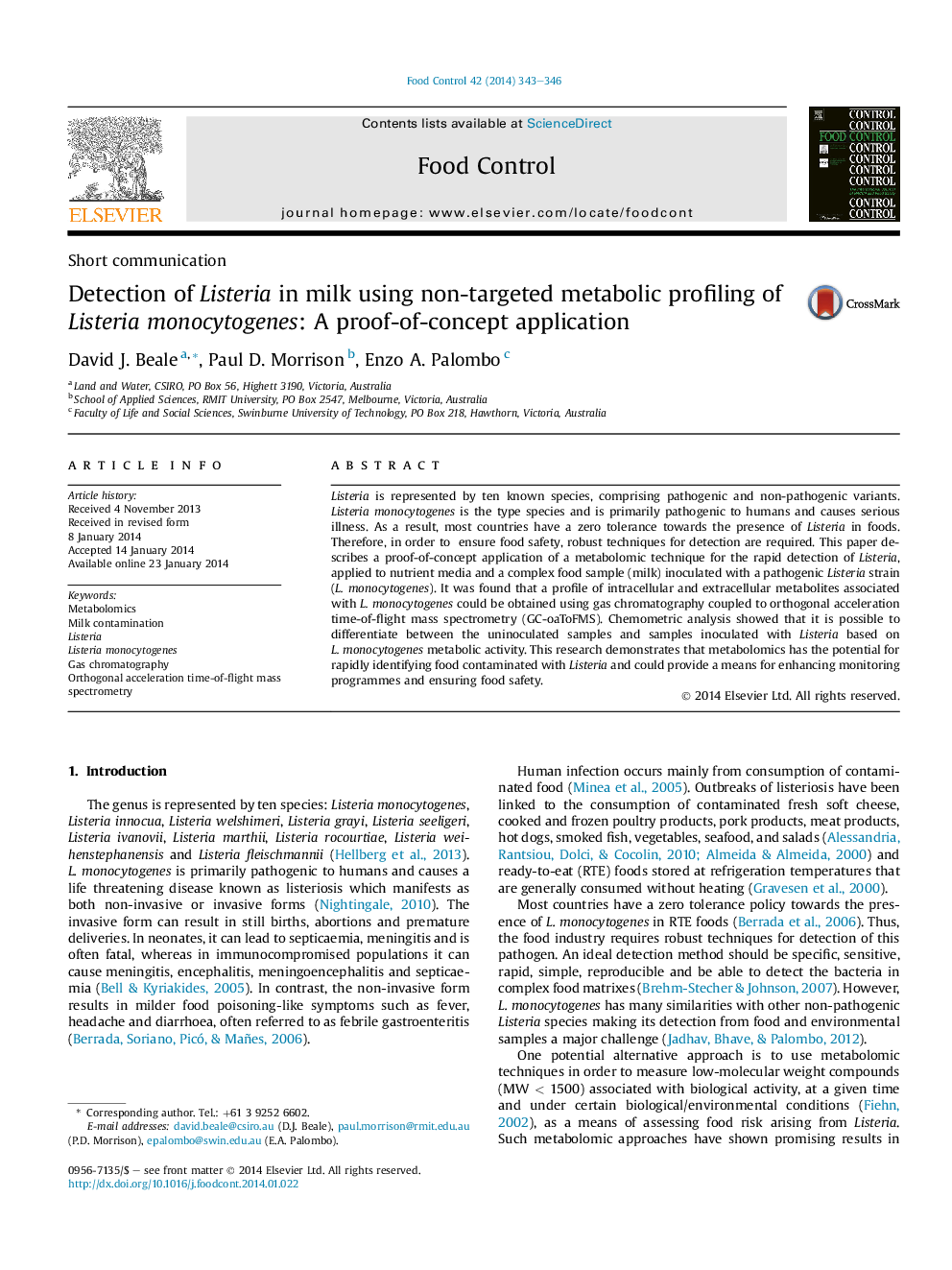 Detection of Listeria in milk using non-targeted metabolic profiling of Listeria monocytogenes: A proof-of-concept application