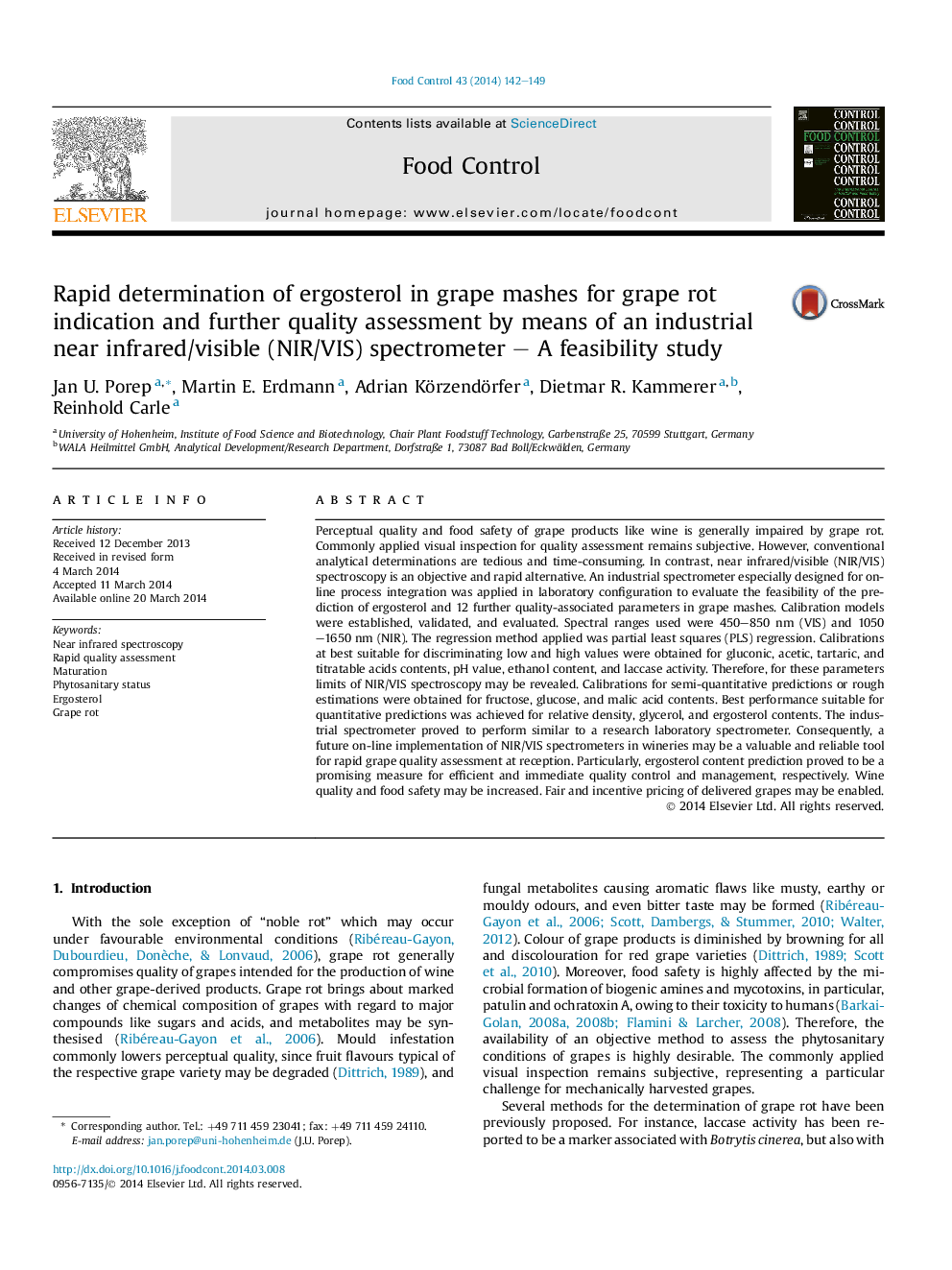 Rapid determination of ergosterol in grape mashes for grape rot indication and further quality assessment by means of an industrial near infrared/visible (NIR/VIS) spectrometer - A feasibility study