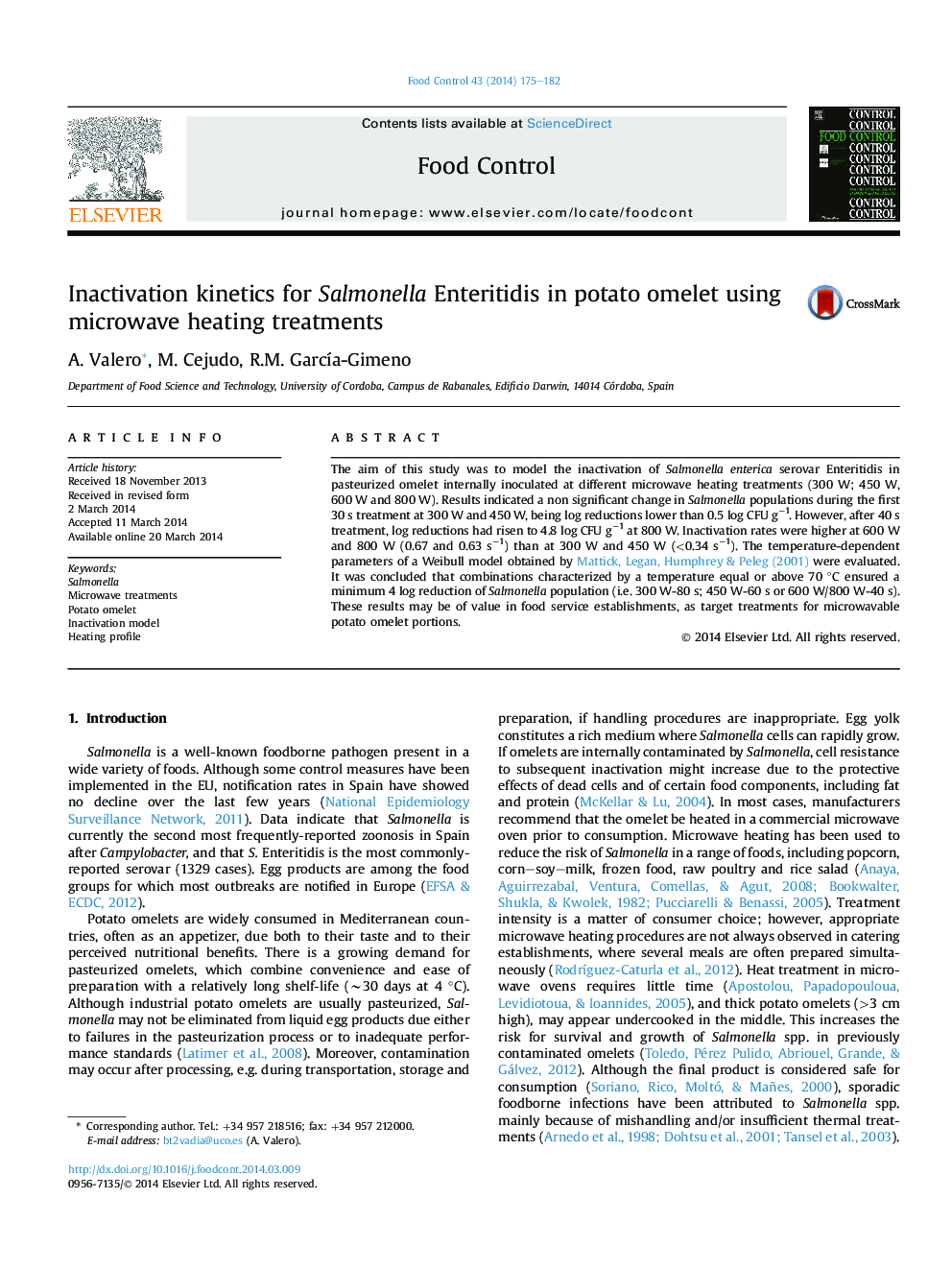 Inactivation kinetics for Salmonella Enteritidis in potato omelet using microwave heating treatments