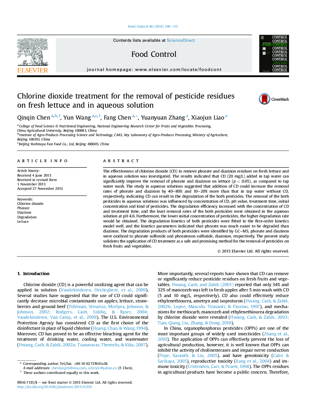 Chlorine dioxide treatment for the removal of pesticide residues onÂ fresh lettuce and in aqueous solution