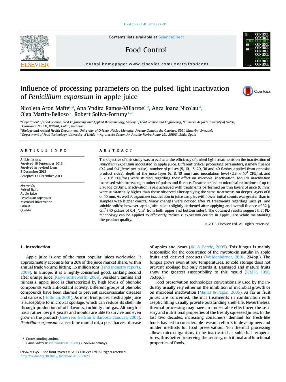 Influence of processing parameters on the pulsed-light inactivation ofÂ Penicillium expansum in apple juice