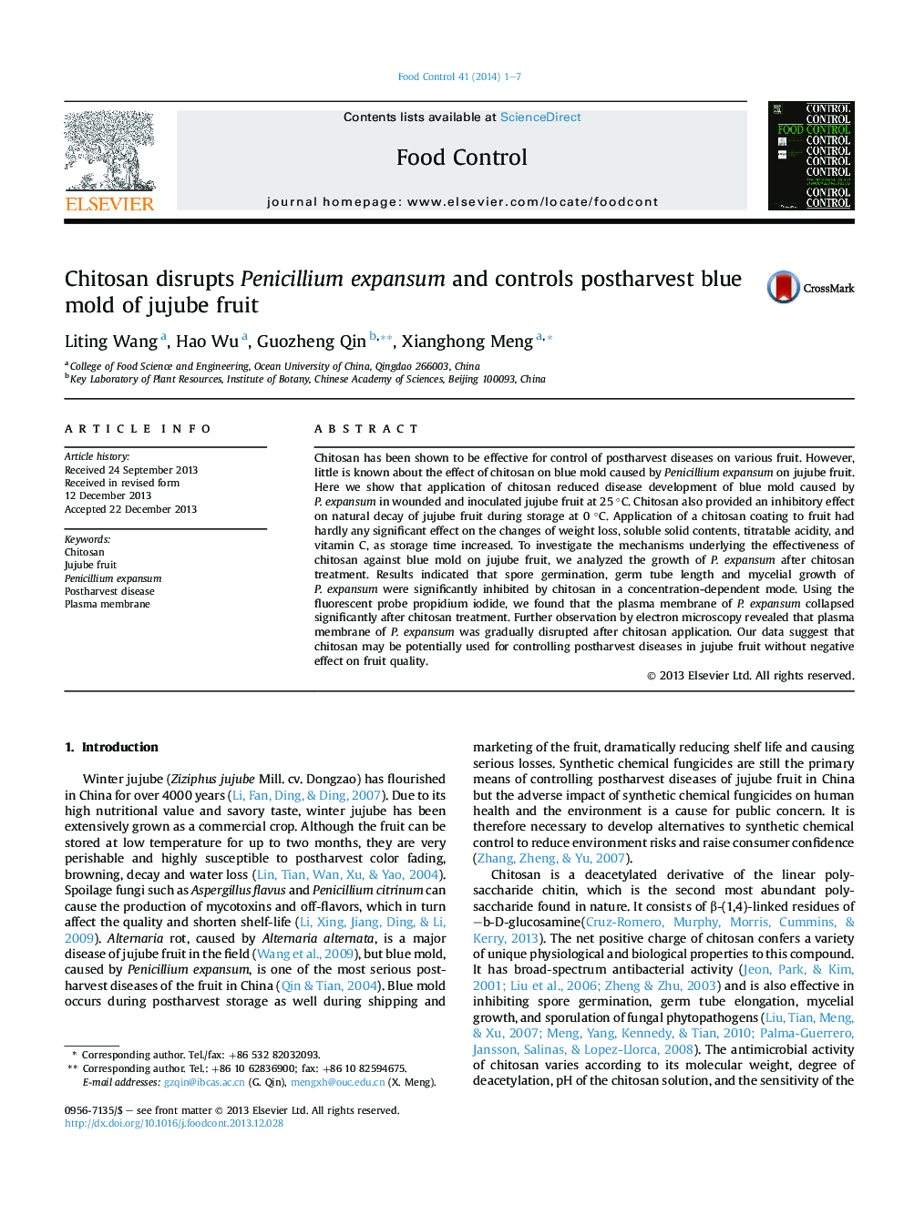 Chitosan disrupts Penicillium expansum and controls postharvest blue mold of jujube fruit