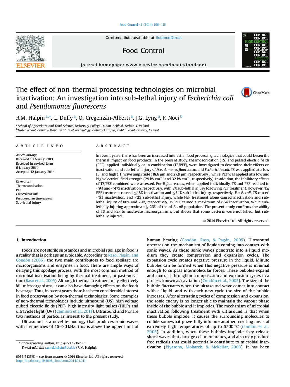 The effect of non-thermal processing technologies on microbial inactivation: An investigation into sub-lethal injury of Escherichia coli and Pseudomonas fluorescens