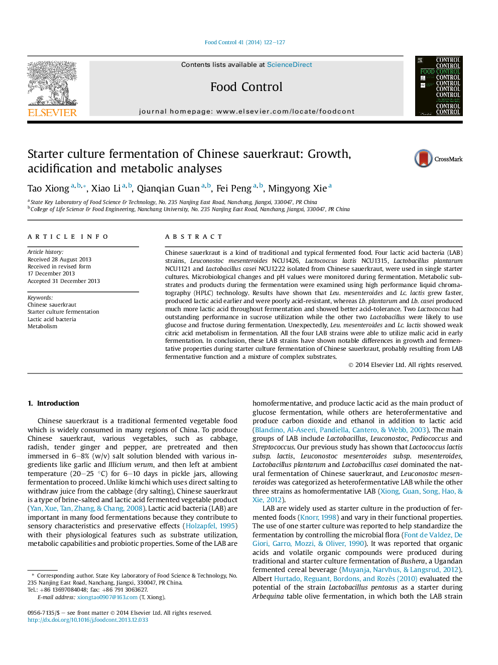Starter culture fermentation of Chinese sauerkraut: Growth, acidification and metabolic analyses