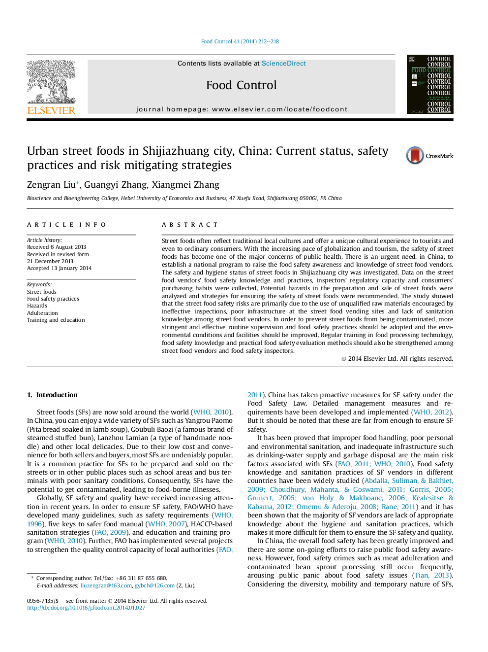 Urban street foods in Shijiazhuang city, China: Current status, safety practices and risk mitigating strategies