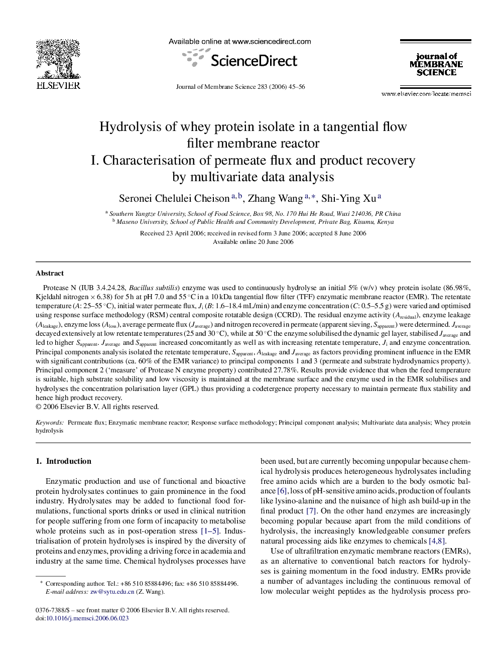 Hydrolysis of whey protein isolate in a tangential flow filter membrane reactor: I. Characterisation of permeate flux and product recovery by multivariate data analysis