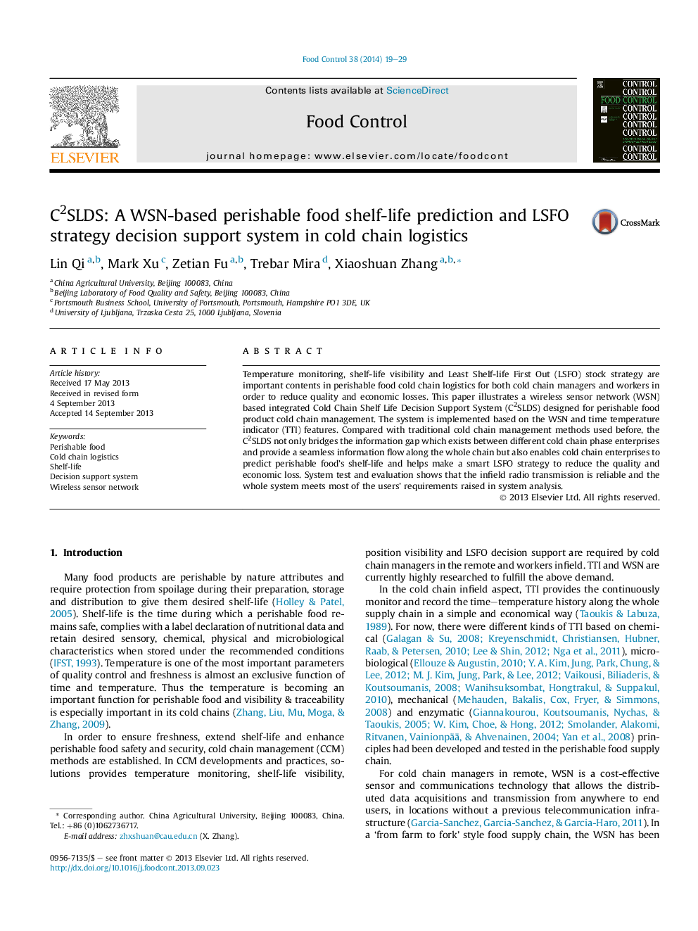 C2SLDS: A WSN-based perishable food shelf-life prediction and LSFO strategy decision support system in cold chain logistics