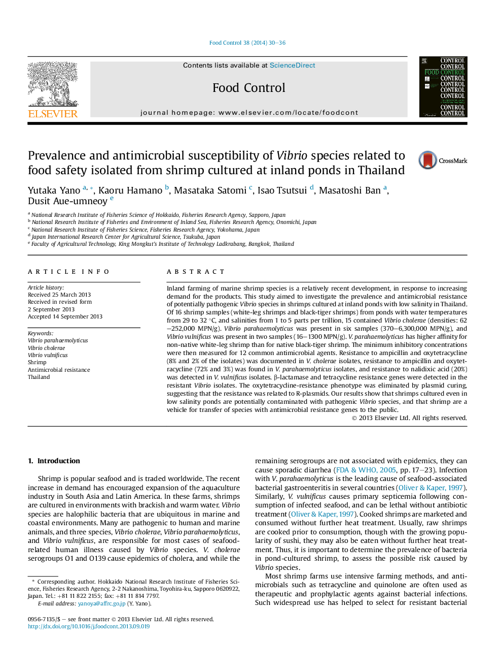 Prevalence and antimicrobial susceptibility of Vibrio species related to food safety isolated from shrimp cultured at inland ponds in Thailand