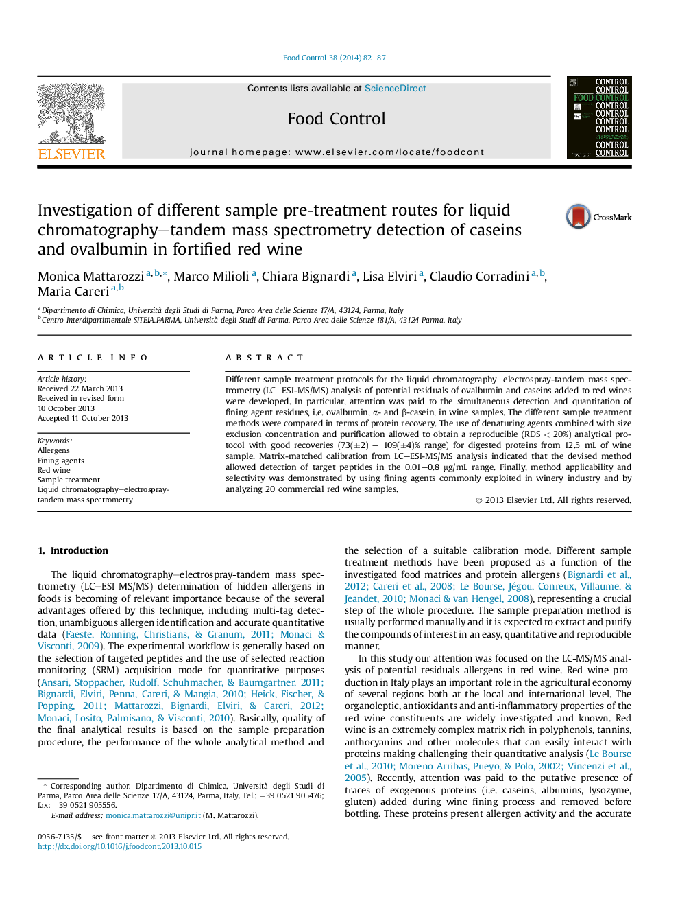 Investigation of different sample pre-treatment routes for liquid chromatography-tandem mass spectrometry detection of caseins and ovalbumin in fortified red wine