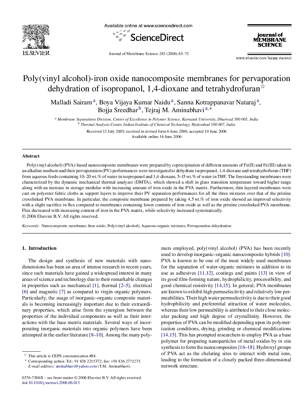 Poly(vinyl alcohol)-iron oxide nanocomposite membranes for pervaporation dehydration of isopropanol, 1,4-dioxane and tetrahydrofuran 