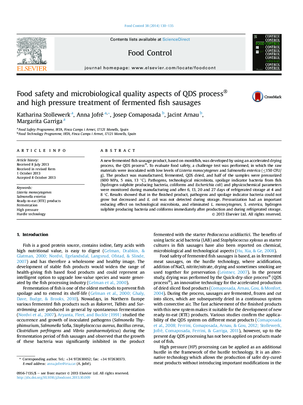 Food safety and microbiological quality aspects of QDS process® andÂ high pressure treatment of fermented fish sausages