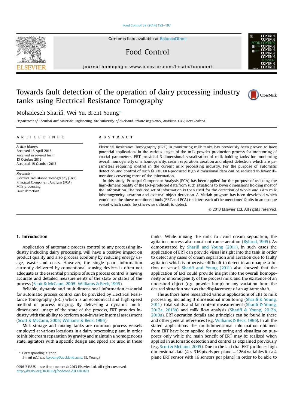 Towards fault detection of the operation of dairy processing industry tanks using Electrical Resistance Tomography