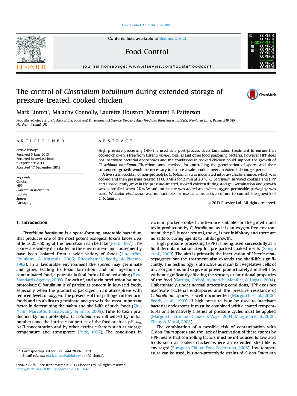 The control of Clostridium botulinum during extended storage of pressure-treated, cooked chicken