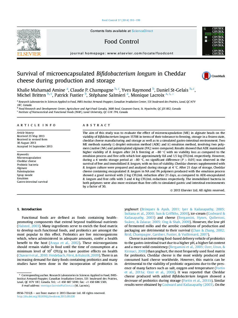 Survival of microencapsulated Bifidobacterium longum in Cheddar cheese during production and storage