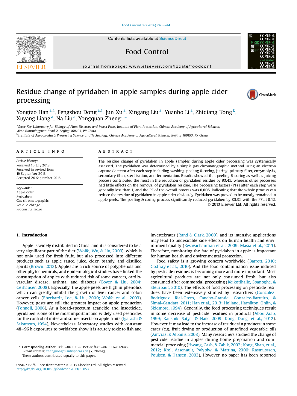 Residue change of pyridaben in apple samples during apple cider processing