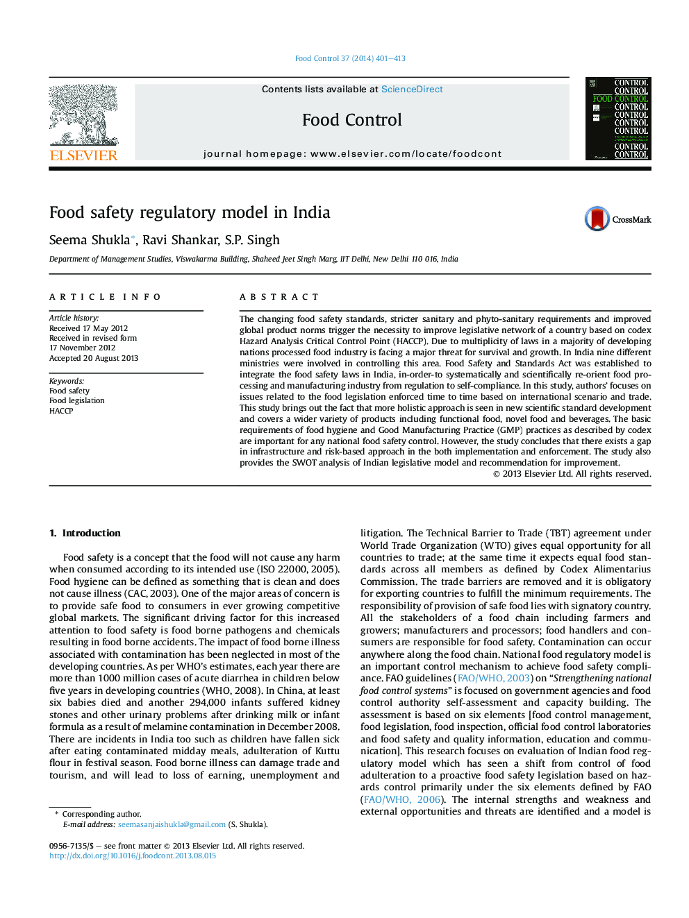 Food safety regulatory model in India