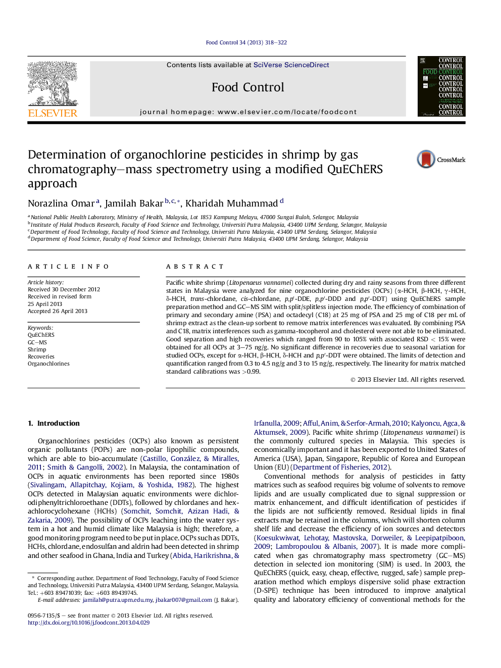 Determination of organochlorine pesticides in shrimp by gas chromatography-mass spectrometry using a modified QuEChERS approach