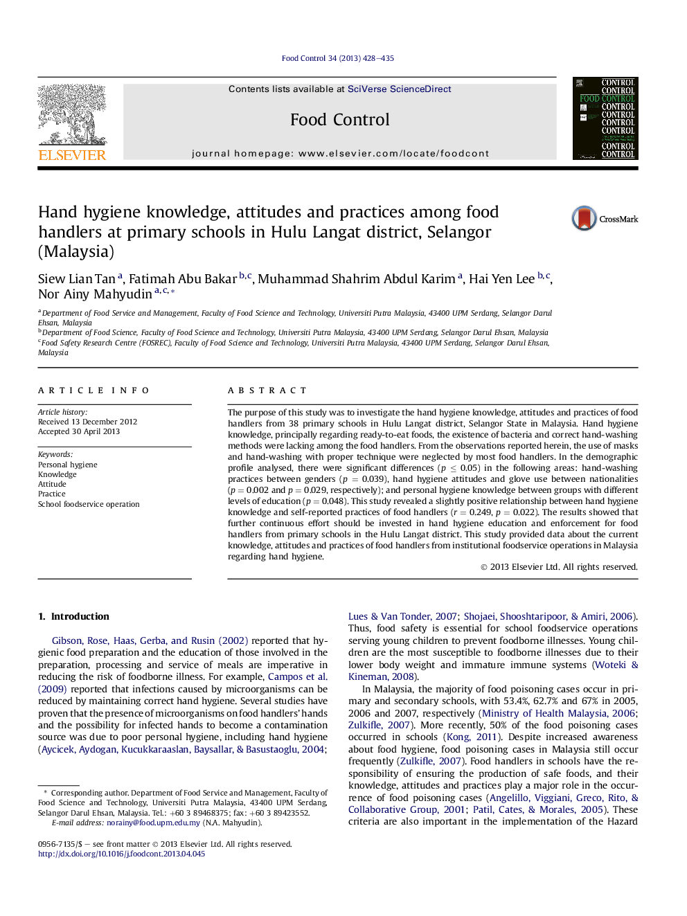 عکس صفحه اول مقاله: Hand hygiene knowledge, attitudes and practices among food handlers at primary schools in Hulu Langat district, Selangor (Malaysia) Hand hygiene knowledge, attitudes and practices among food handlers at primary schools in Hulu Langat district, Selangor (Malaysia)