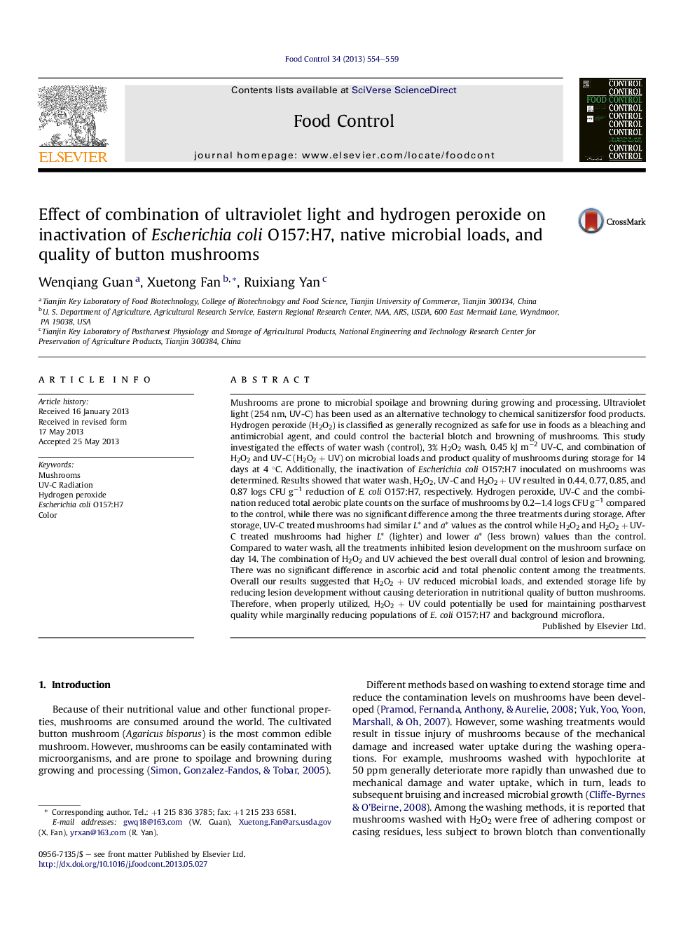 Effect of combination of ultraviolet light and hydrogen peroxide on inactivation of Escherichia coli O157:H7, native microbial loads, and quality of button mushrooms