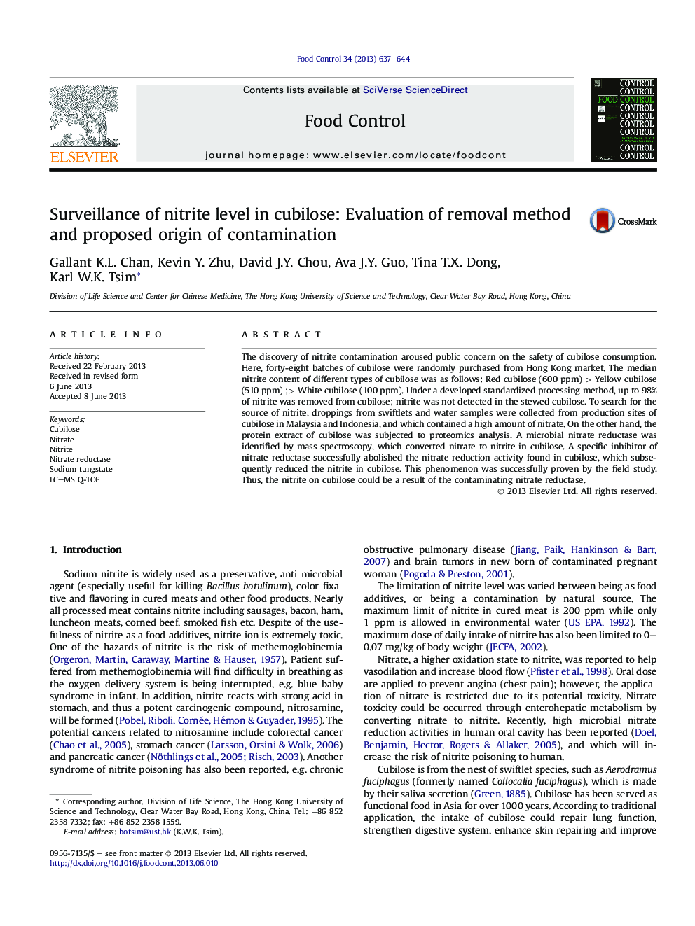 Surveillance of nitrite level in cubilose: Evaluation of removal method and proposed origin of contamination