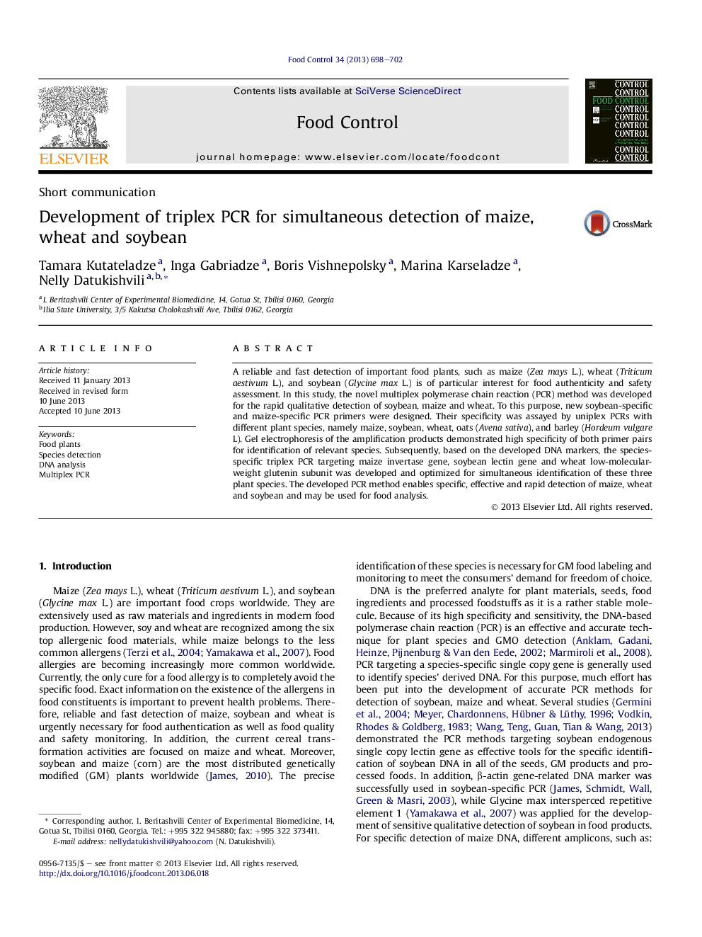 Short communicationDevelopment of triplex PCR for simultaneous detection of maize, wheat and soybean