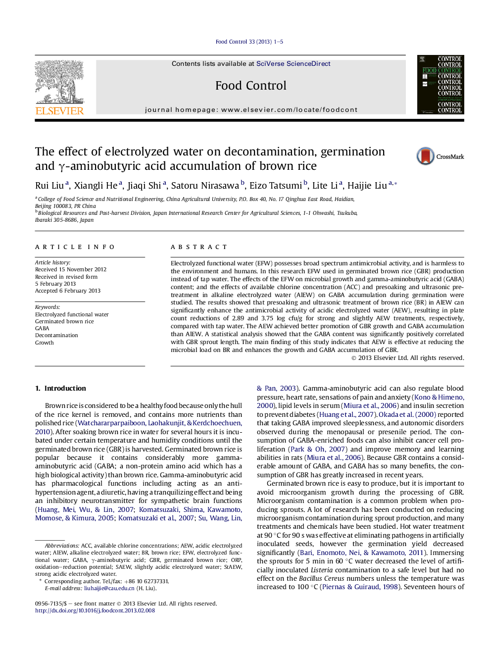 The effect of electrolyzed water on decontamination, germination and Î³-aminobutyric acid accumulation of brown rice