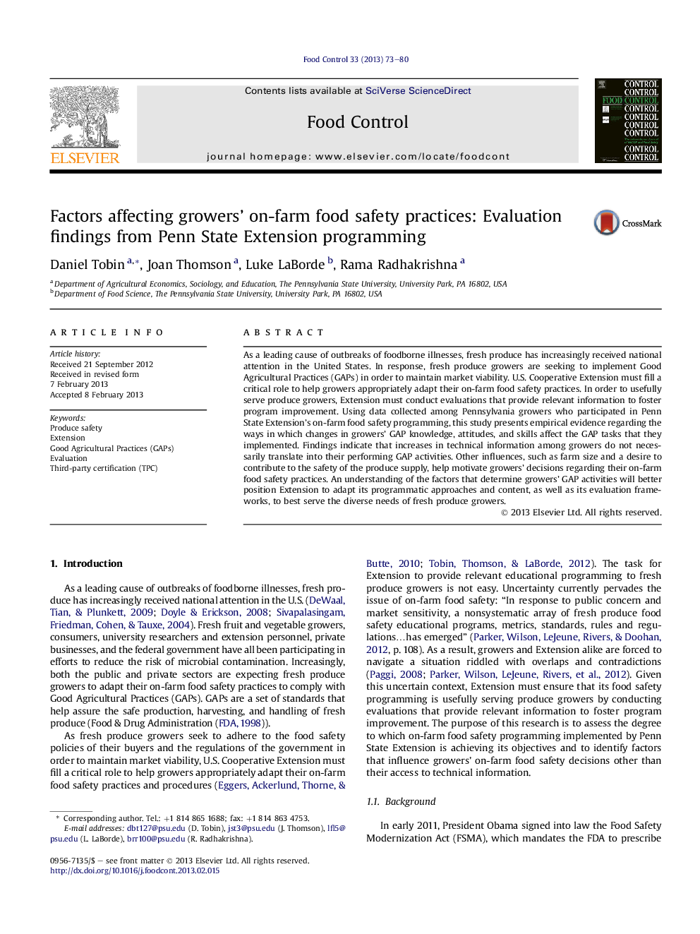 Factors affecting growers' on-farm food safety practices: Evaluation findings fromÂ Penn State Extension programming