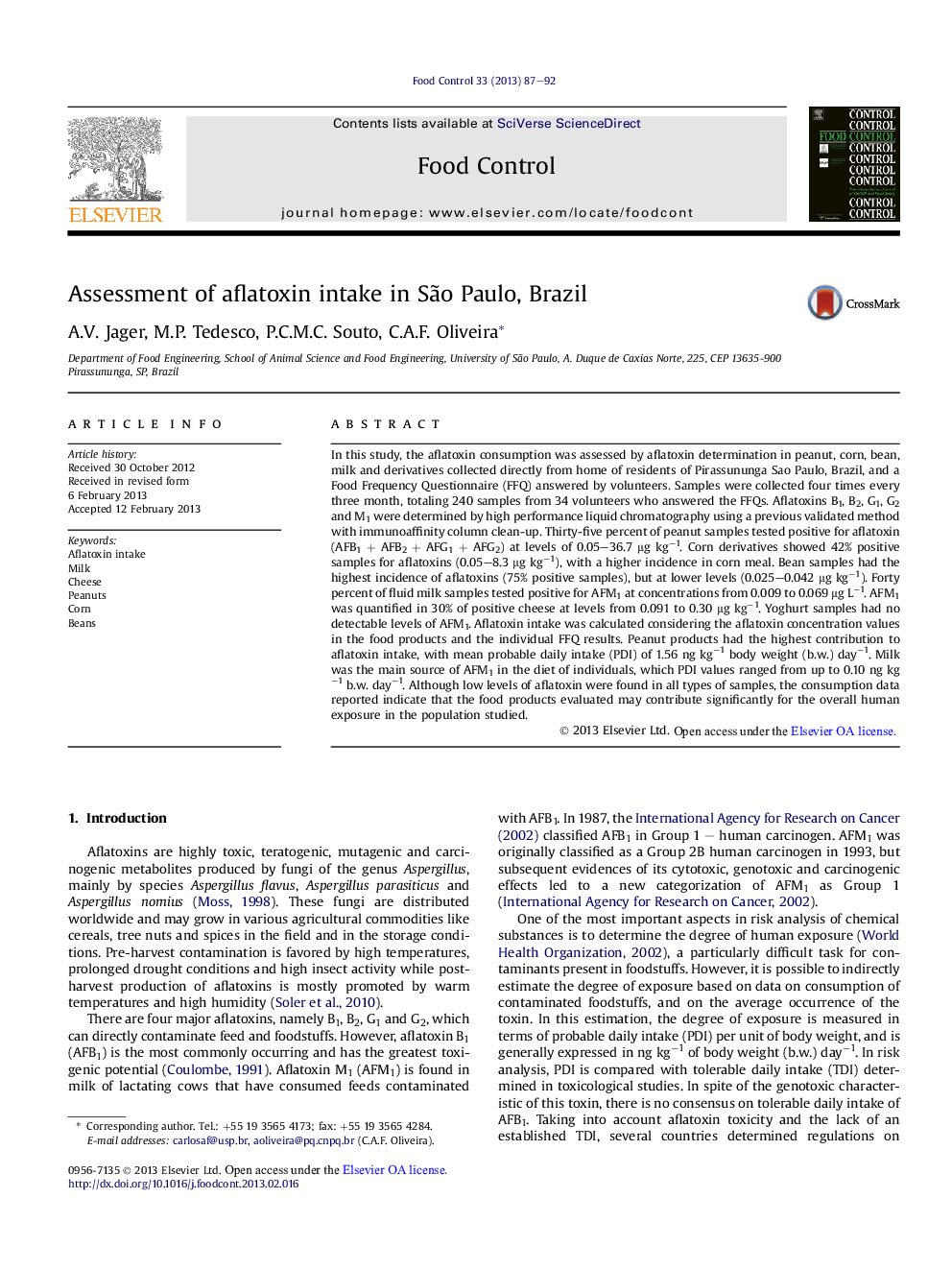 Assessment of aflatoxin intake in SÃ£o Paulo, Brazil