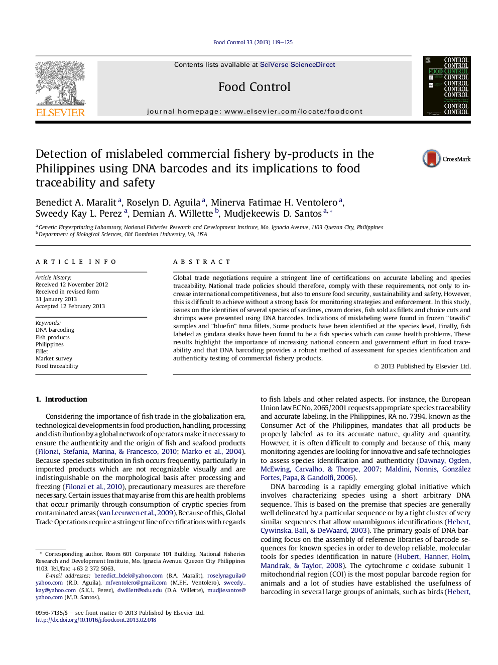 Detection of mislabeled commercial fishery by-products in the Philippines using DNA barcodes and its implications to food traceability and safety