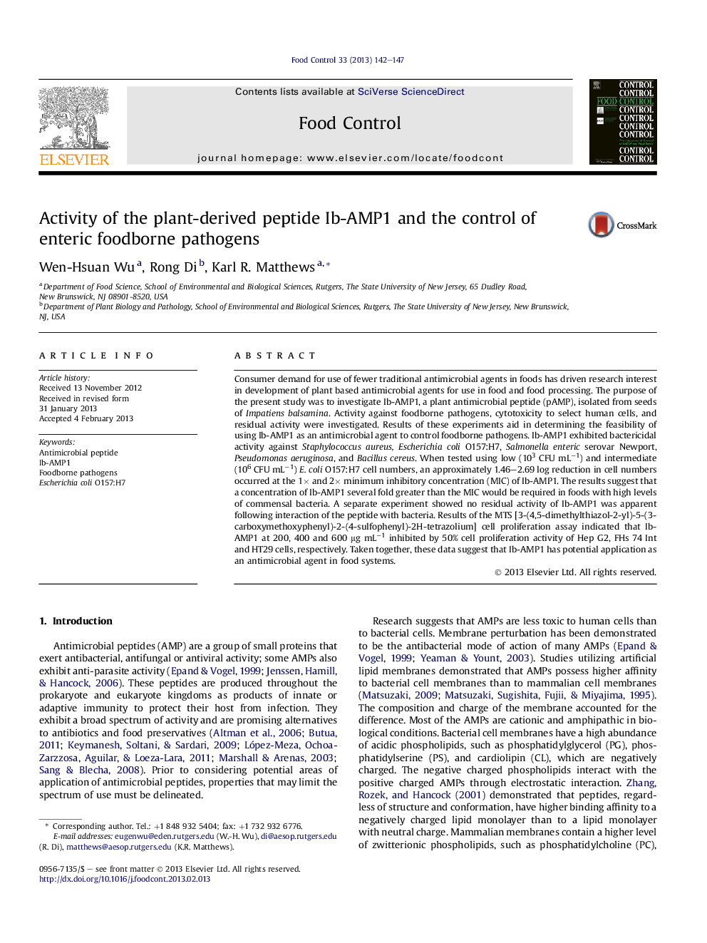 Activity of the plant-derived peptide Ib-AMP1 and the control of enteric foodborne pathogens