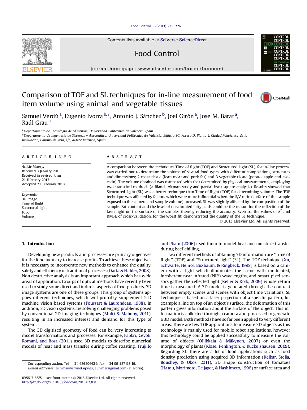 Comparison of TOF and SL techniques for in-line measurement of food item volume using animal and vegetable tissues