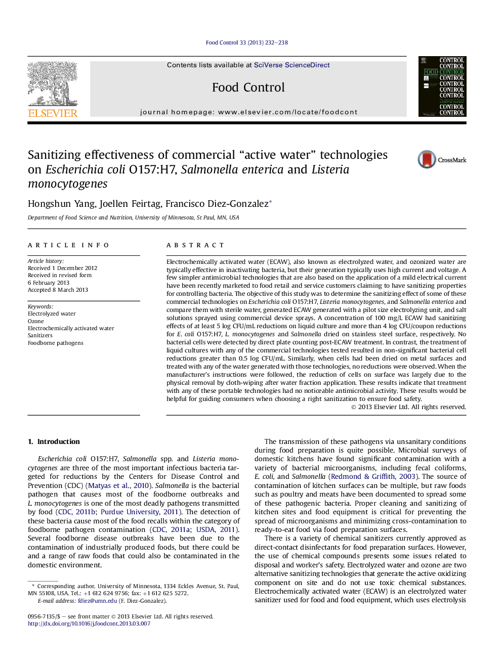 Sanitizing effectiveness of commercial “active water” technologies onÂ Escherichia coli O157:H7, Salmonella enterica and Listeria monocytogenes