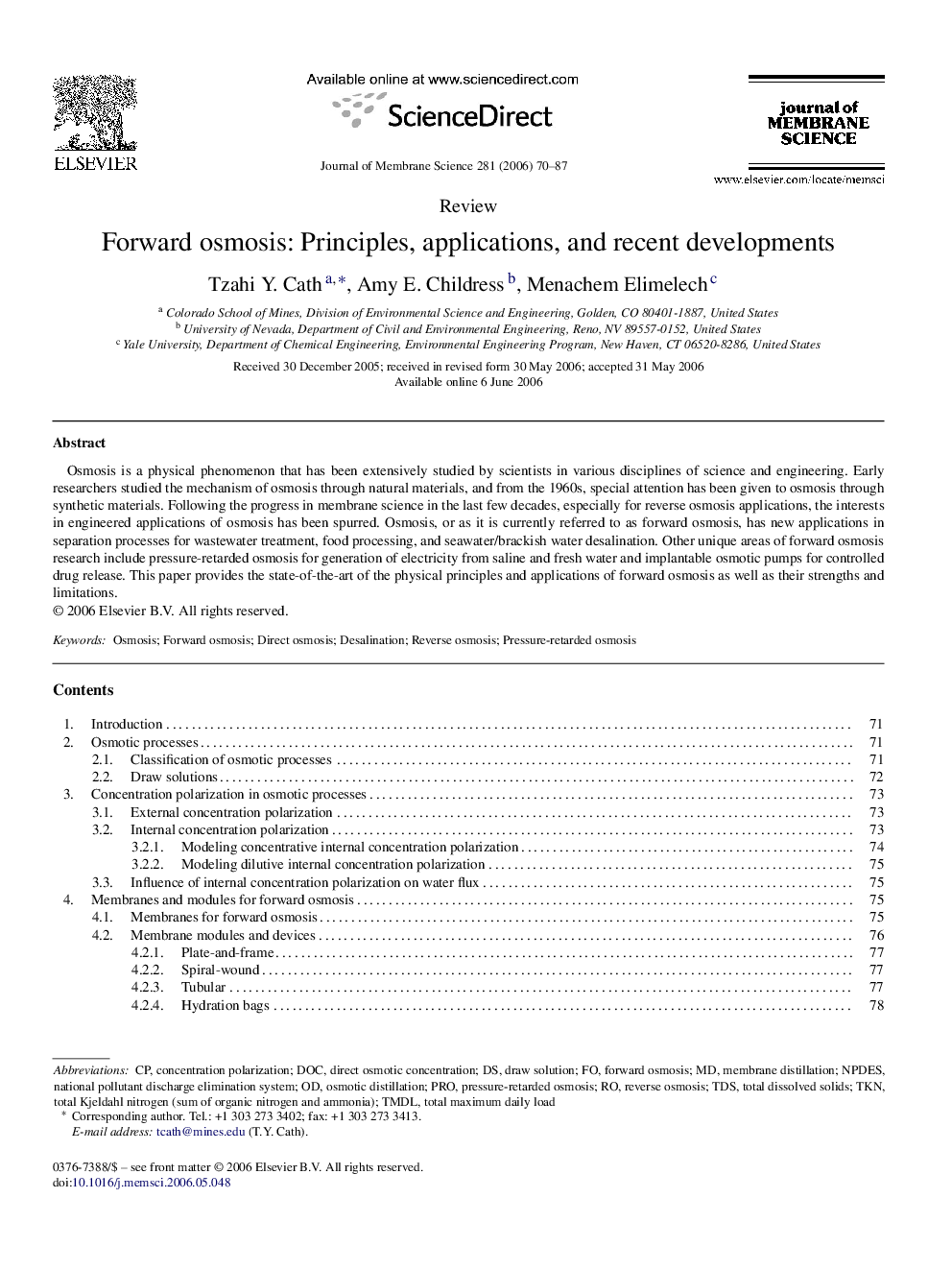 Forward osmosis: Principles, applications, and recent developments